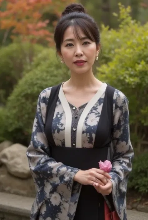  Elegant Women in Their 40s 、 a slightly overcast expression 、Kimono、 holding a flower in a Japanese garden、The background is a moss garden and autumn leaves 、 soft natural light shines in 、 high resolution、Realistic: 1.37、 Sharp Focus : 1.4、Soft colors、 M...