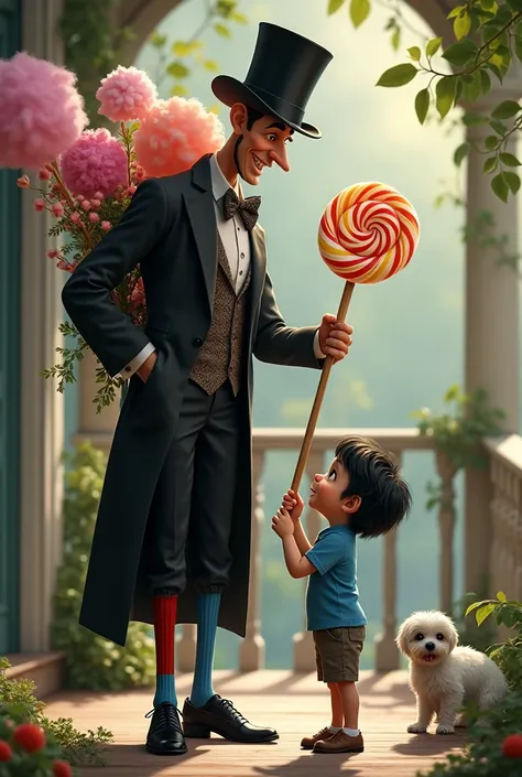 Make a man he wears a black top hat with a black jacket with a bow tie a dress shirt all colored black pants the socks are of different colors one is red and the other is blue wear the black shoe do it holding a huge wooden rod with several flowers cotton ...