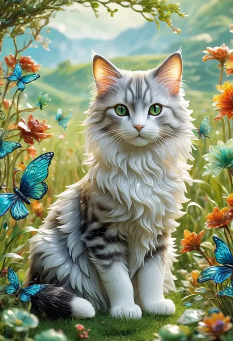 ((Top quality)), ((Intricate details)) (8k) Top quality, 16K, very detailed, nice (((Cat:1.3)))), made of translucent glass, background grassland ((A masterpiece filled with fantasy elements))),