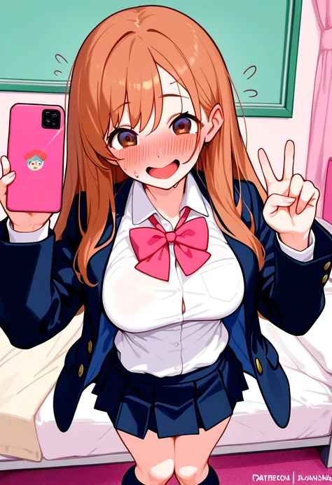 ((Peace sign,micro skirt,selfie,in the bed,socks,pink plain panty,blazer school uniform,white shirts,socks))),1girl,wholebody,(((Awkward,awkward smile,open mouth, nervous sweating ,shy,in heat))),(((Seduce face,Expectant face,stare,))),cool expression,girl...