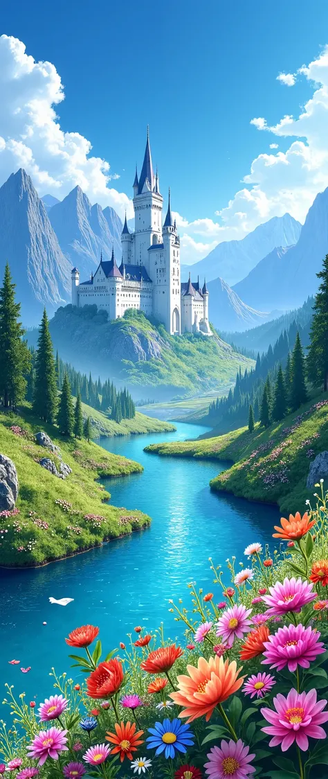 Anime style, a magical world, with mountains and valleys, there is a river, many flowers of different colors, a white castle in the background, the sky is blue and there are some clouds, vivid colors, high contrast 