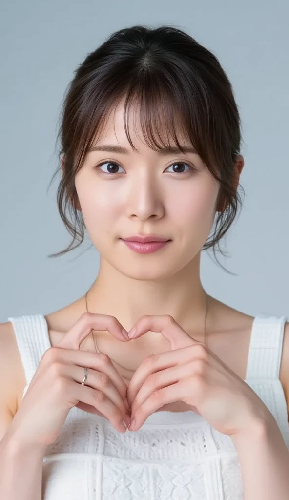  Super Fine、Picture of her face 、 and she has a smile showing her teeth,  I'm wearing a camisole ,  I'm posing with my hands crossed in the shape of a heart in front of my chest、 has a simple background、   high resolution、細部にわたって  high resolution