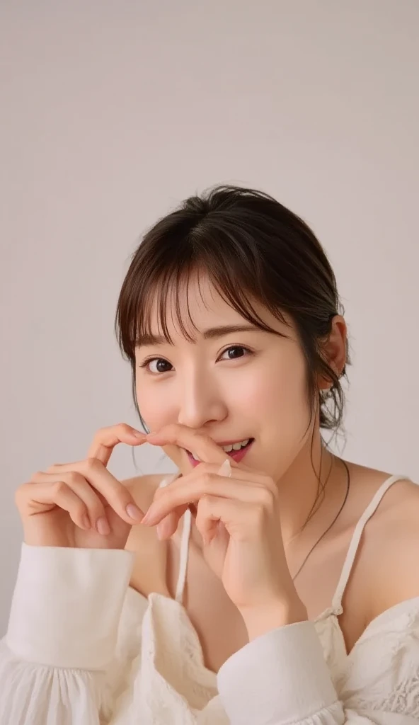  Super Fine、Picture of her face 、 and she has a smile showing her teeth,  I'm wearing a camisole ,  I'm posing with my hands crossed in the shape of a heart in front of my chest、 has a simple background、   high resolution、細部にわたって  high resolution