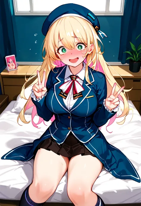 wholebody,((Peace sign,micro skirt,selfie,in the bed,socks,pink plain panty,blazer school uniform,white shirts,socks))),1girl,wholebody,(((Awkward,awkward smile,open mouth, nervous sweating ,shy,in heat))),(((Seduce face,Expectant face,stare,))),cool expre...