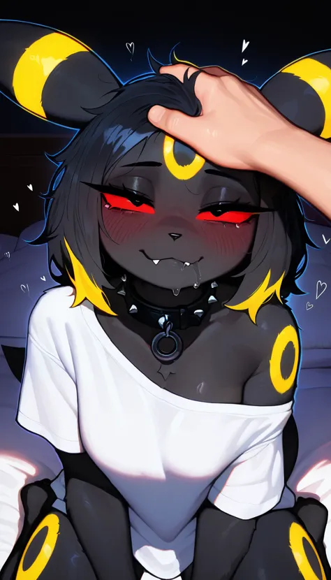 1girl, umbreon \(pokemon\), pokemon \(creature\), umbreon, furry female, black fur, red sclera, black eyes, yellow markings, fangs, half-closed eyes, closed mouth, bitting lip, (<3), looking at the viewer, heavy breathing, tail, breasts, white t-shirt, ove...