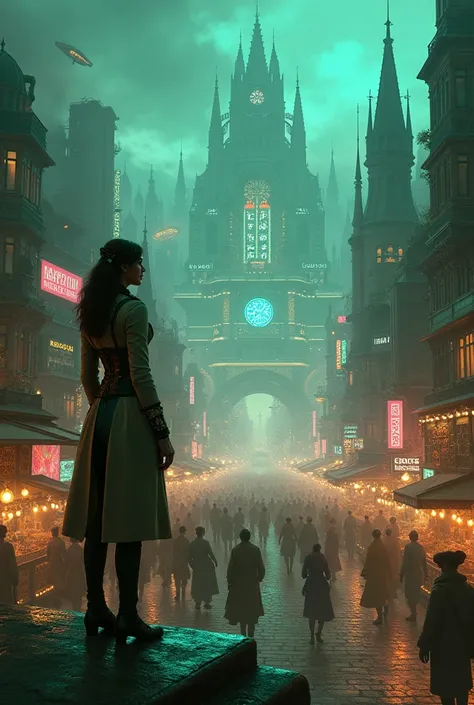 A breathtaking panoramic view of Eclipsia, a sprawling metropolis where Gothic architecture, steampunk brass towers, and cybernetic skyscrapers collide under a smog-choked sky. The city is a labyrinth of glowing neon streets, steam-filled alleyways, and el...