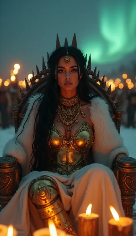 A majestic and imposing scene of the coronation of a sensual and powerful Viking queen, sitting on a throne carved from bones and war shields. Her long black hair, adorned with small braids intertwined with golden threads,  falls on her shoulders , reflect...