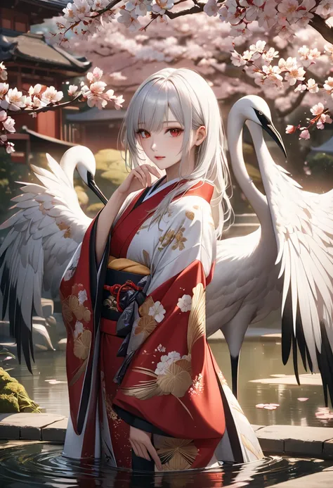 1girl, A beautiful young girl with the features of a crane, wearing an elegant traditional Japanese kimono. She has long, flowing white hair with black tips, resembling crane feathers, and red eyes. Her kimono is white and red with intricate gold embroider...