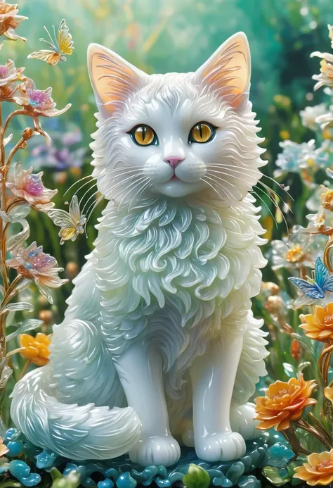 ((Top quality)), ((Intricate details)) (8k) Top quality, 16K, very detailed, nice (((Cat:1.3))), made of translucent glass, flower field in the background ((A masterpiece filled with fantasy elements))),