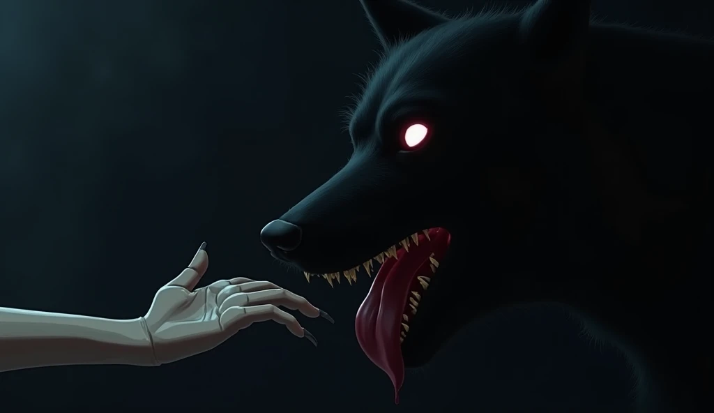 Very dark animated horror image showing only a black dog licking one hand 
