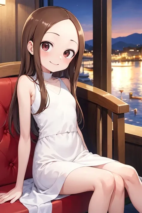 (takagi-san )
 upper body： evening gown
lower body：
 subject size ：Girl
background ：harbor
time ： twilight sky
Expression ： evil smile
posture ：sitting
