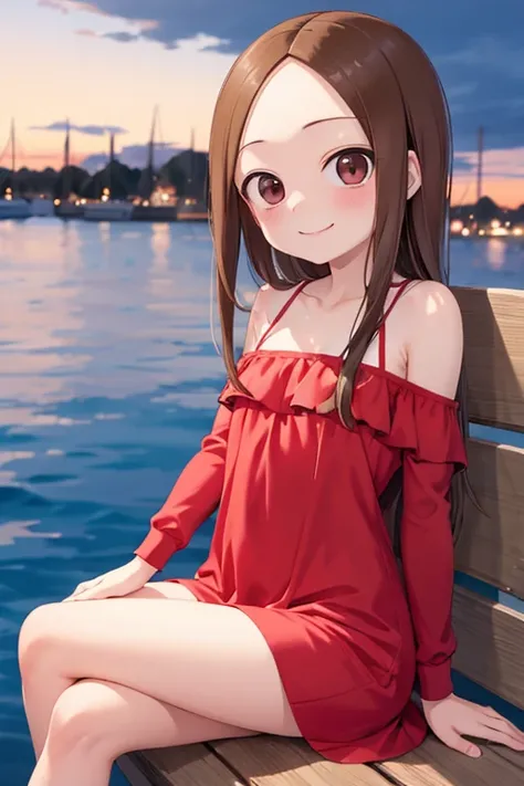 (takagi-san )
 upper body： evening gown
lower body：
 subject size ：Girl
background ：harbor
time ： twilight sky
Expression ： evil smile
posture ：sitting
