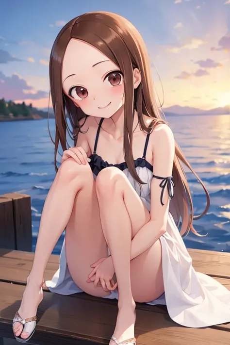 (takagi-san )
 upper body： evening gown
lower body：
 subject size ：Girl
background ：harbor
time ： twilight sky
Expression ： evil smile
posture ：sitting
