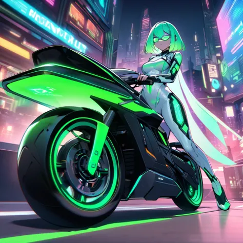 A futuristic cybernetic scientist and hypnotist, Nico Quantum stands beside her high-tech motorcycle. She has vibrant green bob-cut hair, glowing green eyes with a hypnotic swirl pattern, and wears sleek high-tech glasses with holographic displays. Her out...