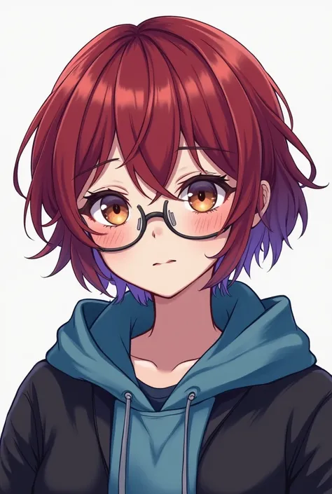 Une image de dessin animé,  Of a woman with white skin and short hair, red with purple wick, Very short, With hazel eyes, avec un sweat bleu et une veste noir, avec un homme a la peau blanche au cheveux Very shortt, dark black,  curly , With brown eyes in ...