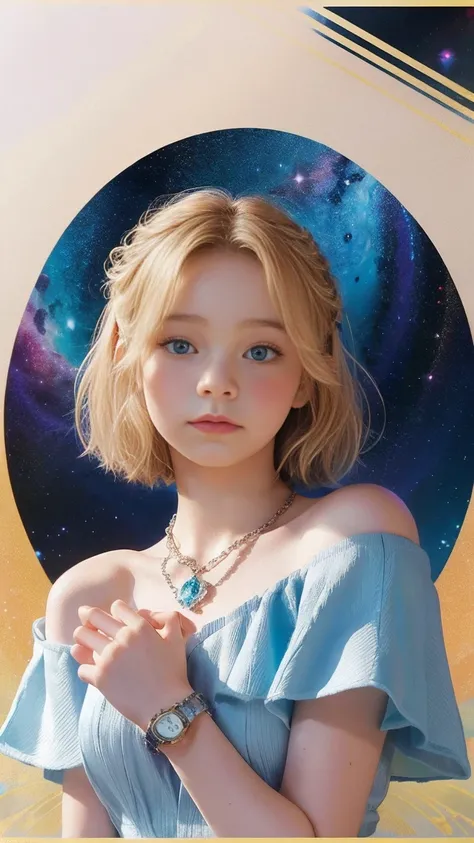 Emma Myers,  absurd,  top quality, 1 girl, Alone,  bright blonde ,  necklace, (simple space background), ( art nouveau style poster),  watches viewers, Intense Perspectives , Playing with the camera, （ mid-length bangs、 shown from head to foot 、whole body、...