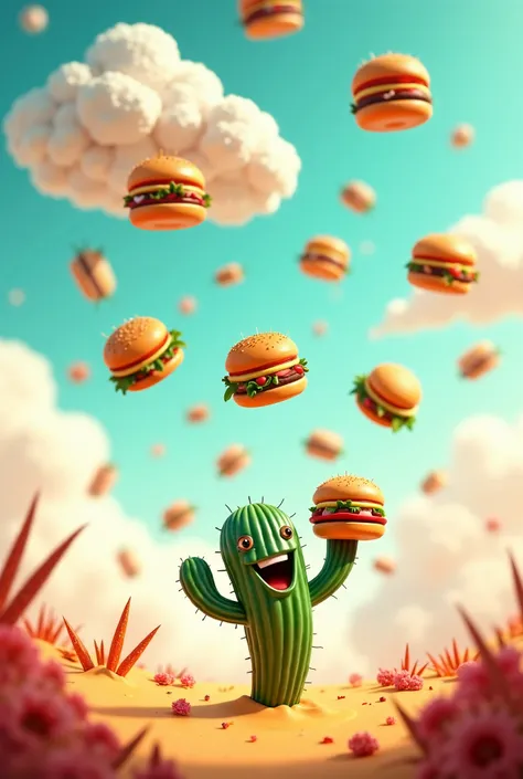 A shower of hamburgers with a cloud and an animated cactus below with a hamburger in hand 