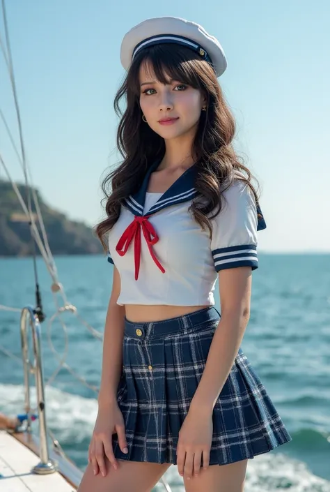 arafed woman in sailor suit posing on a boat, sexy, body similar to susana Zabaleta, semi black hair, sailor uniform cut,blue, sailor clothes, at sea, female sailor uniforms, sexy, posing sexy, on a boat, sailor uniform with loose collar, on the bow, on a ...