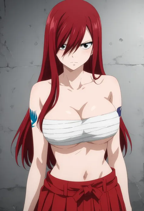  score_9,  score_8_ up the side,  score_7_ up the side,  source_Anime,
 Elsa Scarlet,   hair between eyes , kneel, Chest Sarashi、Stains on the body 、scratch、Hakama、belly button、 seductive looks ,  long red hair、 big breasts, portrait , During combat、 the b...