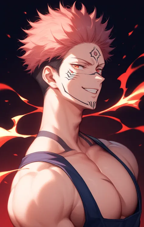 " Ultra-detailed illustration in Full HD ,  anime style faithful to 'Jujutsu Kaisen' .  Yuji Itadori in a powerful and sensual pose , with exposed muscular torso ,  highlighting her pectorals and Sukuna marks .  intense look ,  challenging smile and cursed...