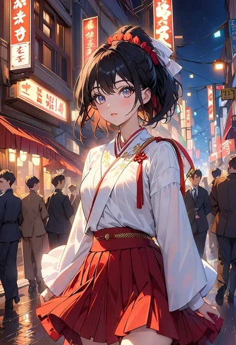  cute young woman,  black hair short,  brown eyes,  Empress, pleated skirt suit,Street lights, neon,Busy street background,(belly button:1.1, princess eyes ), noble, Royalty,  high quality,  Masterpiece,  very detailed