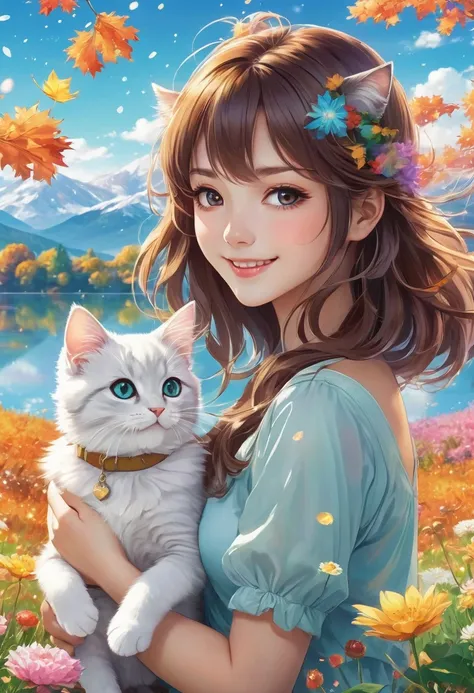 (Anime:1.4) A cute and surreal  girl with closed mouth looking happily into the camera, a pretty woman playing, in the background a vast field with vibrant flowers, a blue sky with light particles and iridescent snowflakes floating in the air. A vast flowe...