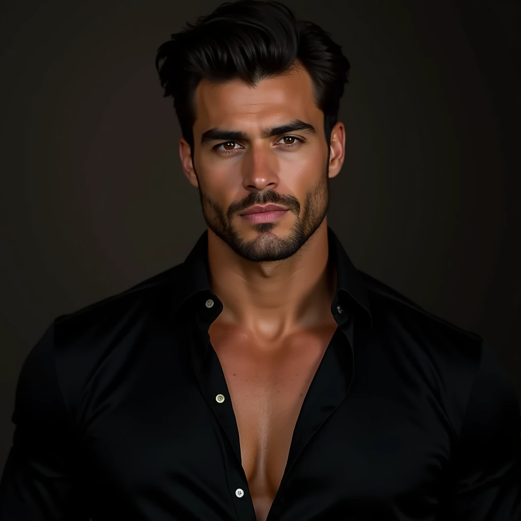  I want the man in the image with the amber eyes , and a black button-down shirt .  That he has my buttons open and that his chest can be seen.  That the image looks of high quality .  That my look is radiant and intimidating .  That he looks powerful and ...