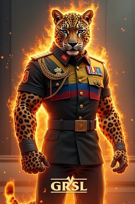 please create an image with an animated leopard with an aura of fire and military uniform with the Colombian flag, At the bottom of the image place letters that are logo type saying GRSL