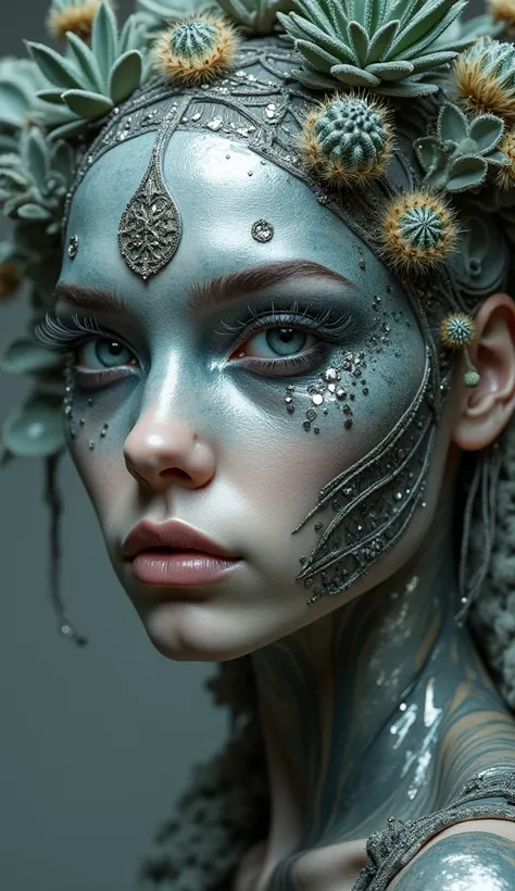 Create a character that represents Mother Earth, with a robotic part on her face, inspired by a French WOMAN model. His eyes are made from plant rags, surrounded by various silver elements, all in shades of grey, black and very light silver, like a tattoo....