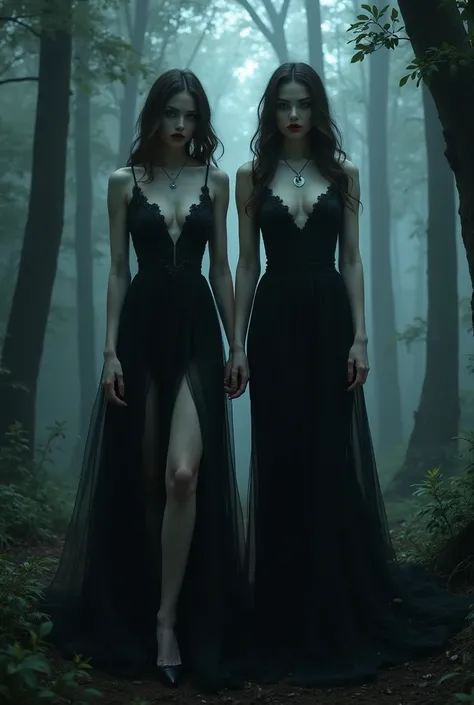  vampire girl ,  in full height are standing next to each other, darkness, the forest,  Beautiful