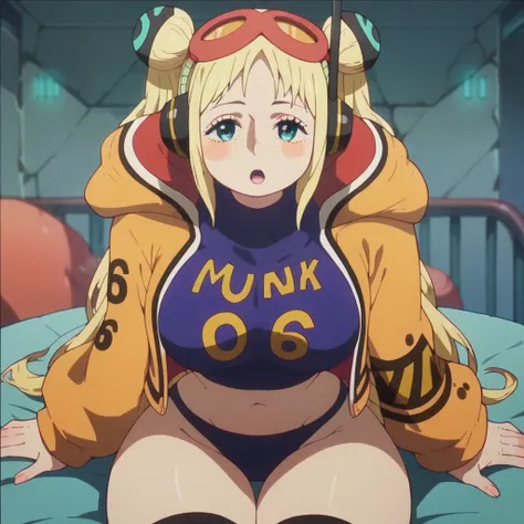 score_9, score_8_up, score_7_up, score_6_up, score_5_up, score_4_up, 1girl, blonde hair, long hair, double bun, headphones, aqua eyes, freckles, large breasts, wide hips, looking at viewer, high quality, masterpiece,  