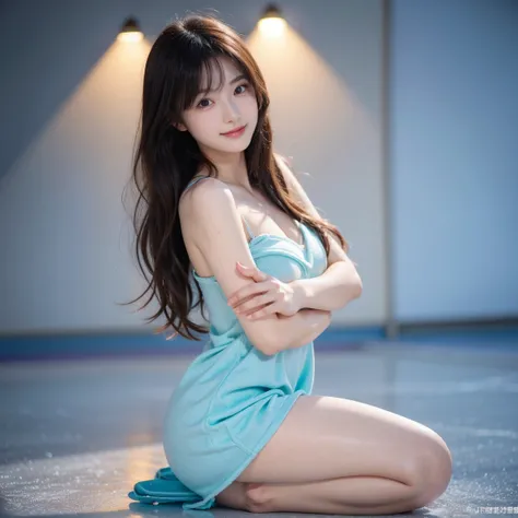  Realistic Photo Quality 、A 20 year old Japanese model、Japanese model figure skating in a pastel blue figure costume,Athletes who perform figure skating at an empty skating rink、 on ice、Whole body、 No Background 、A beautiful woman bathed in the spotlight、D...