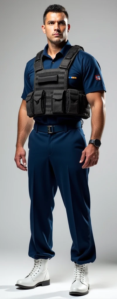 Navy military uniform, blue shirt with pants, white boots and white tactical vest of the Navy, 2014-2015The guy stands at full height and straight.Stands straight