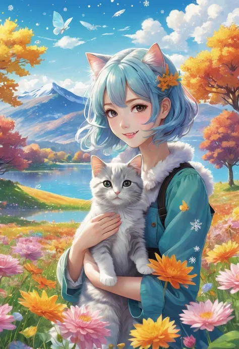 (Anime:1.4) A cute and surreal  girl with closed mouth looking happily into the camera, a pretty woman playing, in the background a vast field with vibrant flowers, a blue sky with light particles and iridescent snowflakes floating in the air. A vast flowe...