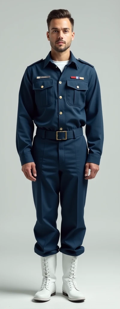 Navy military uniform, blue shirt with pants, white boots, 2014-2015The guy stands at full height and straight.Stands straight