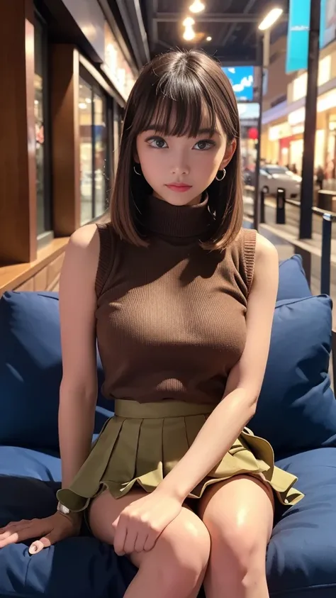 (layered mini-skirt、High neck sleeveless sweater)、 in the seat、Medium breast、 skinny body、 BEAUTIFUL LEGS、 stiletto boots、Earrings、 Straight Bob Hair 、 blonde、In the city、 in shopping mall、Street lamp light、Shop window lights、 walking behind、 masterpiece:1...