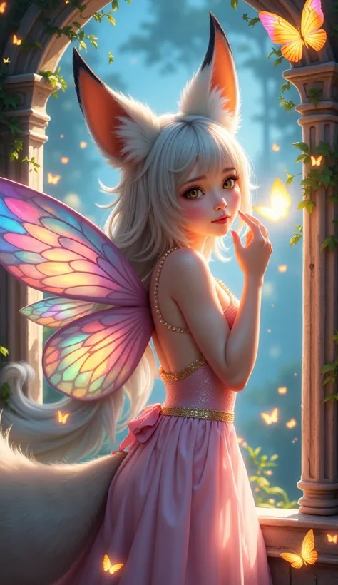 the photo is framed in a rainbow frame with a butterfly sitting in the right corner and glowing. A fox girl with crystal tails sends a kiss with her hand, her ears are rainbow and her ears are silvery (dress) behind her, on her back, wings glowing with a r...