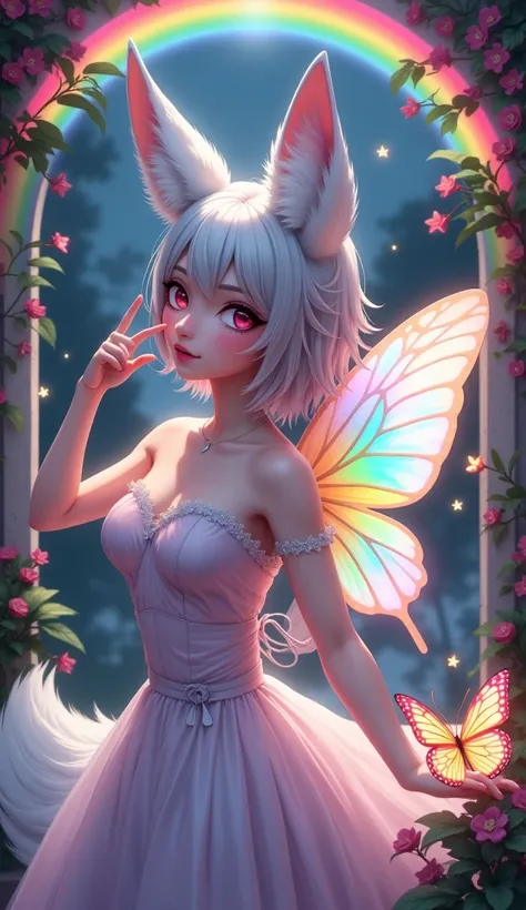 the photo is framed in a rainbow frame with a butterfly sitting in the right corner and glowing. A fox girl with crystal tails sends a kiss with her hand, her ears are rainbow and her ears are silvery (dress) behind her, on her back, wings glowing with a r...