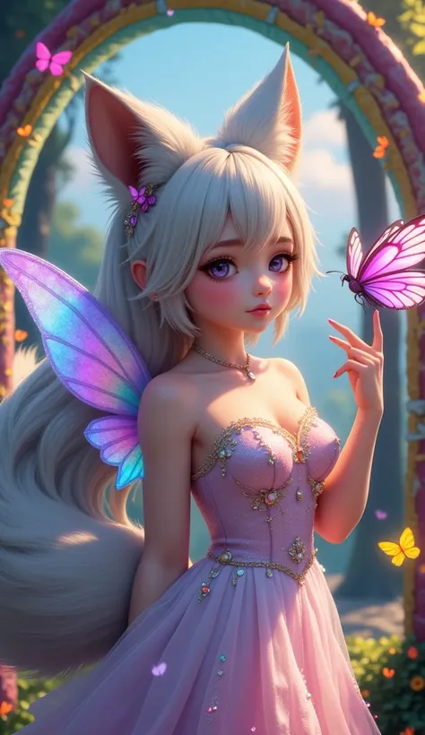 the photo is framed in a rainbow frame with a butterfly sitting in the right corner and glowing. A fox girl with crystal tails sends a kiss with her hand, her ears are rainbow and her ears are silvery (dress) behind her, on her back, wings glowing with a r...