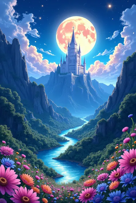 Anime style, is night, a magical world, with mountains and valleys, there is a river, many flowers of different colors, a white castle in the background, there is light in the castle windows, a big moon in the sky, there are some clouds, vivid colors, high...