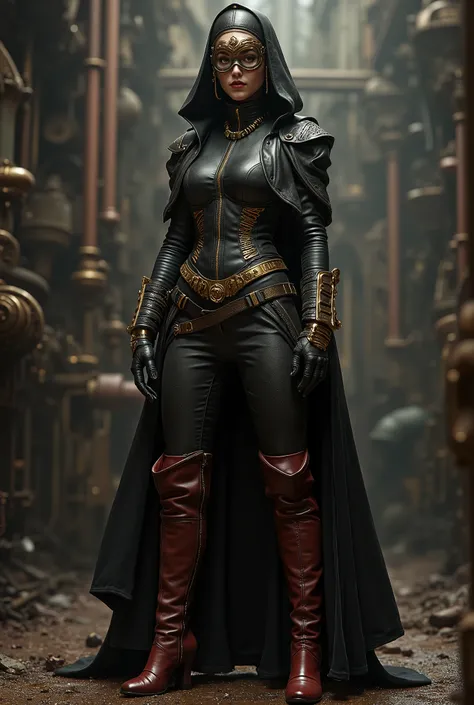 Photo full portrait of photo real. steampunk leather dressed battle nun. dark red thigh high boots with 6 inch heels , steampunk background. “full body portrait”