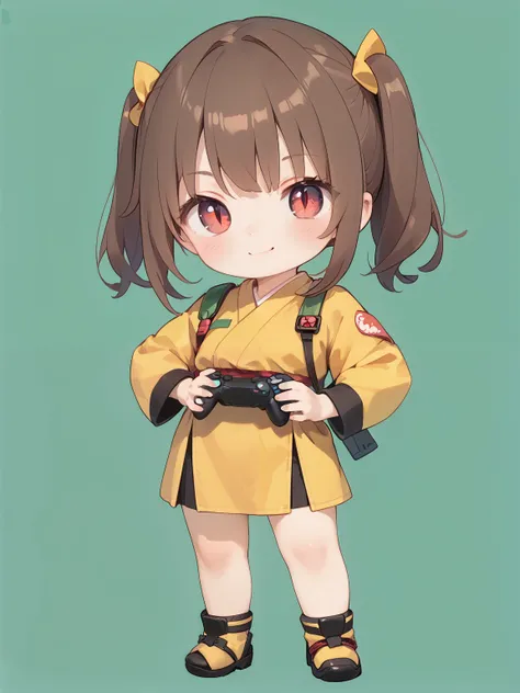 1 girl, pigtails, brown hair, standing, red eyes, chibi, full body, green background, standing, hands on body, yellow ninja costume, with game controller, slit skirt