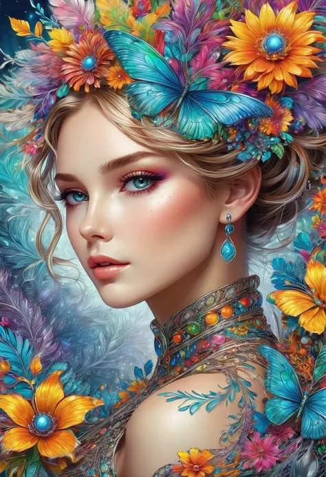 masterpiece,top quality,best quality,official art,beautiful and aesthetic,(1girl:1.2),extremely detailed,(fractal art:1.1),colorful,flowers,highest detailed,zentangle,abstract background,shiny skin,many colors,feathers,