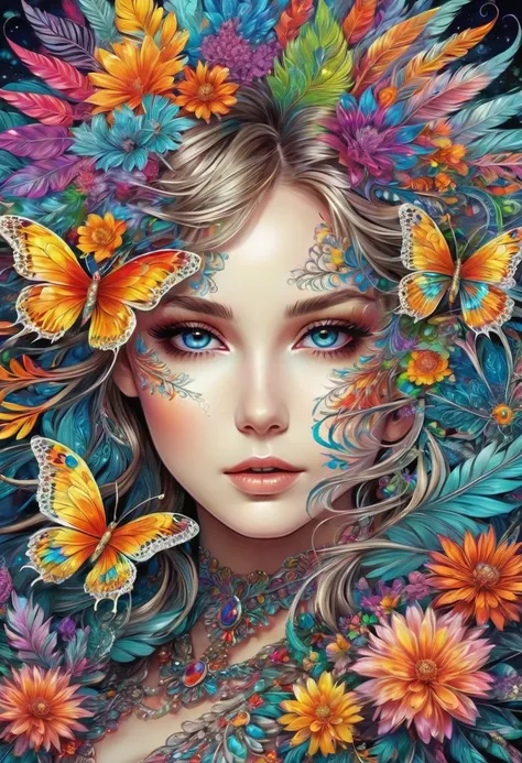 masterpiece,top quality,best quality,official art,beautiful and aesthetic,(1girl:1.2),extremely detailed,(fractal art:1.1),colorful,flowers,highest detailed,zentangle,abstract background,shiny skin,many colors,feathers,