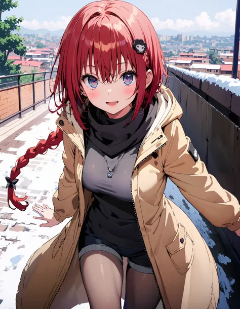 Kurosaki's thing , stupid hair,  blue eyes,  braided,  hair intake, hair ornament, long hair, Red Hair, hair  braided,smile,blush, open their mouths, White Breath, down coat,black scarf , shorts that stand on only your feet,( sweater:1.2),( turtleneck:1.2)...