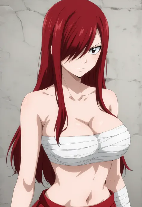  score_9,  score_8_ up the side,  score_7_ up the side,  source_Anime,
 Elsa Scarlet,   hair between eyes , kneel, Chest Sarashi、Stains on the body 、scratch、Hakama、belly button、 seductive looks ,  long red hair、 big breasts, portrait , During combat、 the b...