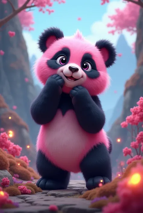 Une illustration de rendu 3D panda rose et black dans un monde world of warcraft