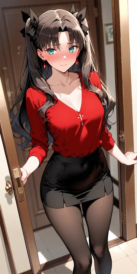 Masterpiece, 1girl, Rin Tohsaka (fate), elegant mature woman, slim, tall, sophisticated, ultra detailed, highres, absurdres, dynamic angle,blushing, nervous,(home, at the main door, deep v-neck clothes, pantyhose)