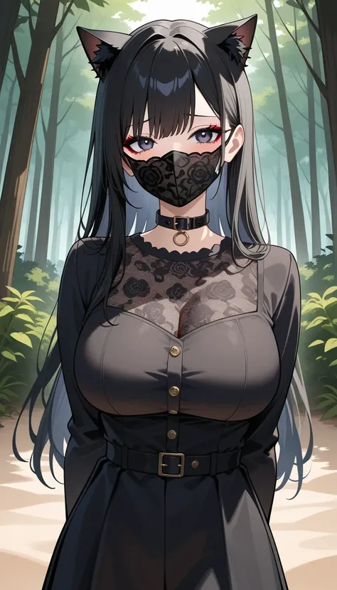 Soft sand ，一个cute的女孩，cute，Baby Face Big Breasts， has long black hair，Wearing a black lace mask ，Fear，shy，Blush，Eyeshadow，Collar，Cat ears， The entire body below the neck is buried in the sand， only showing her head ， with her hands behind her back ，coastal，...