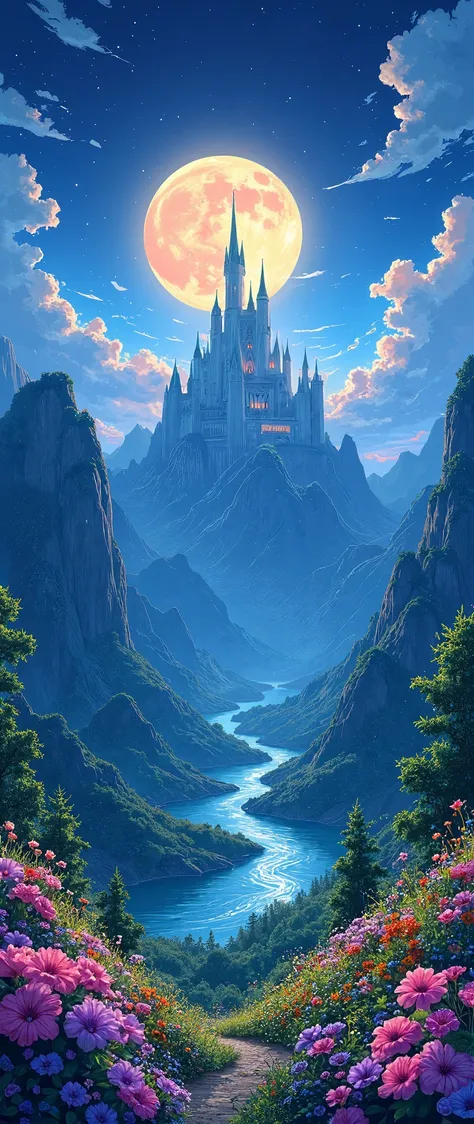 Anime style, is night, a magical world, with mountains and valleys, there is a river, many flowers of different colors, a white castle in the background, there is light in the castle windows, a big moon in the sky, there are some clouds, vivid colors, high...